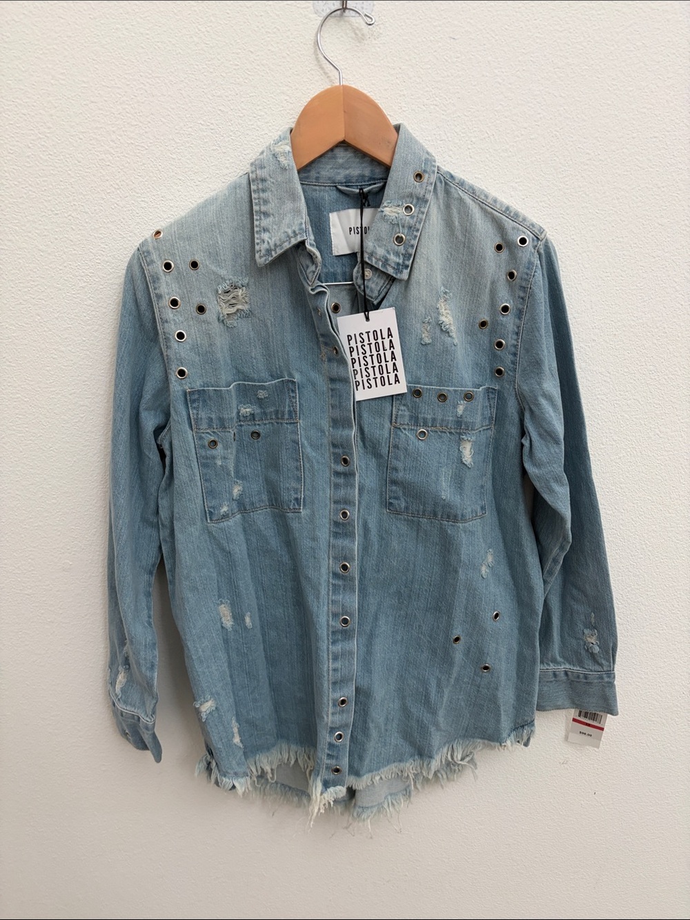 NWT pistola Light Wash Distressed Denim Jacket with Eyelet Detail XS